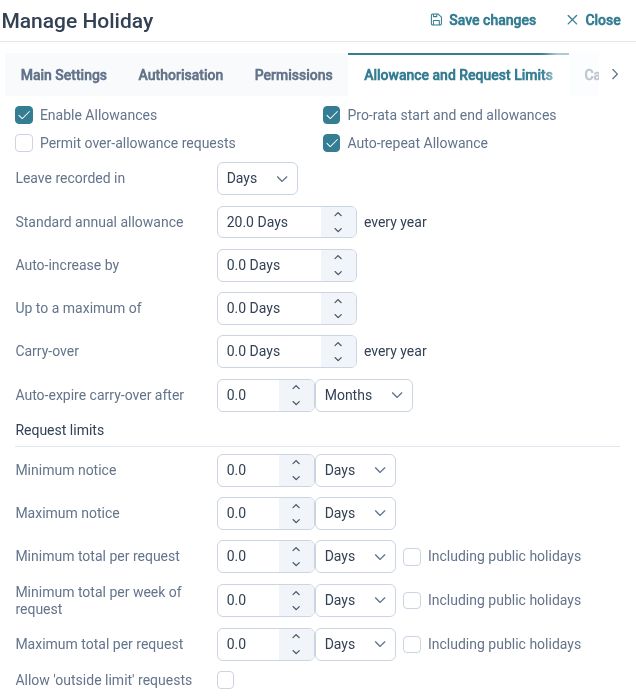 Holiday allowance and request limit settings in HR Planner