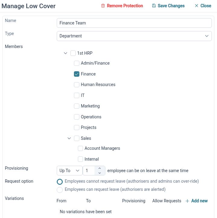 Minimum staffing cover rule for the Finance Team