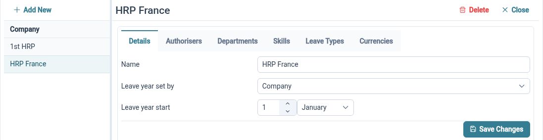 HR Planner company settings for a second company