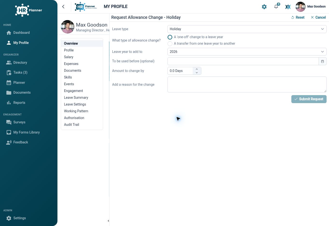 Allowance adjustment request with transfer, expiry and reason fields