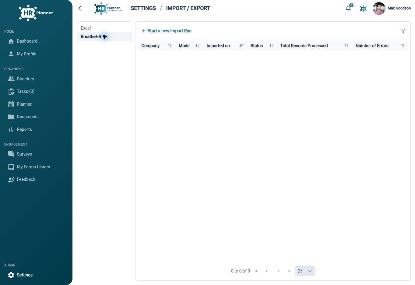 BreatheHR import run history showing processing and error columns before an import