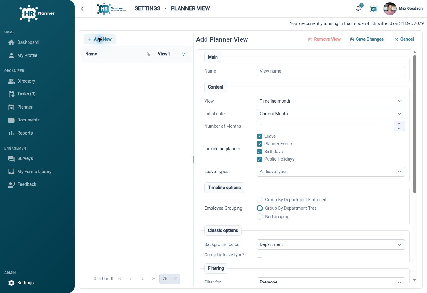 Planner view configuration for calendar content, events and employee grouping
