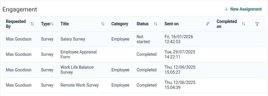 Employee engagement assignments and survey completion status in HR Planner
