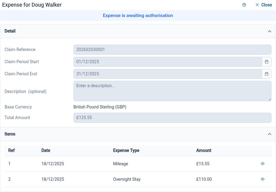 Employee expense claim with mileage and overnight stay items