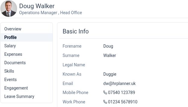 HR Planner employee profile and basic contact information