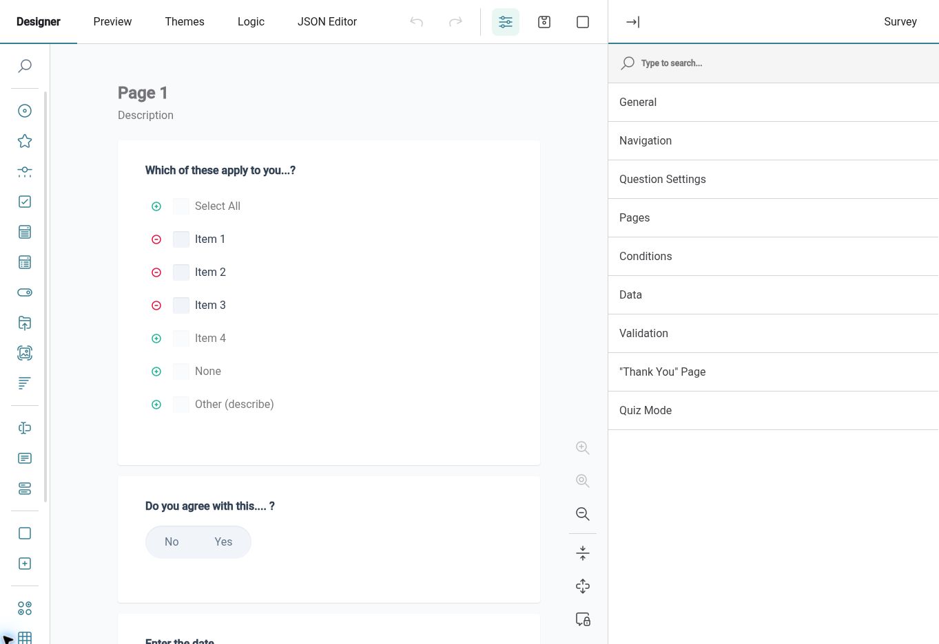 HR Planner form designer with question types and survey settings
