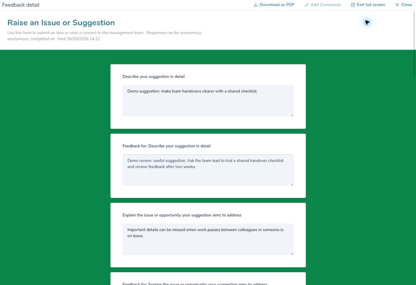 hrplanner-feedback-review-detail Employee feedback detail showing a sample handover suggestion and a reviewer comment