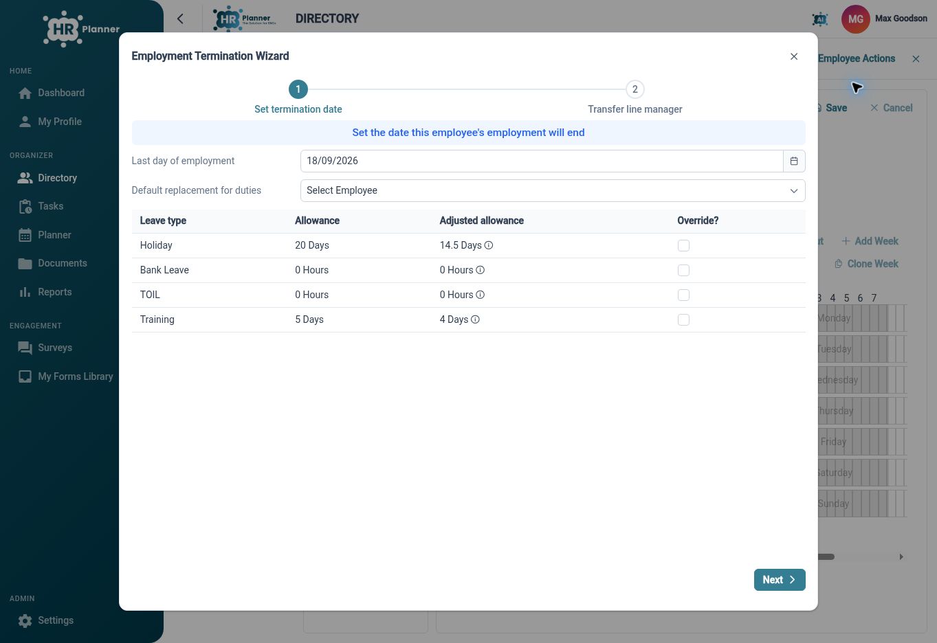 HR Planner employment termination wizard preview