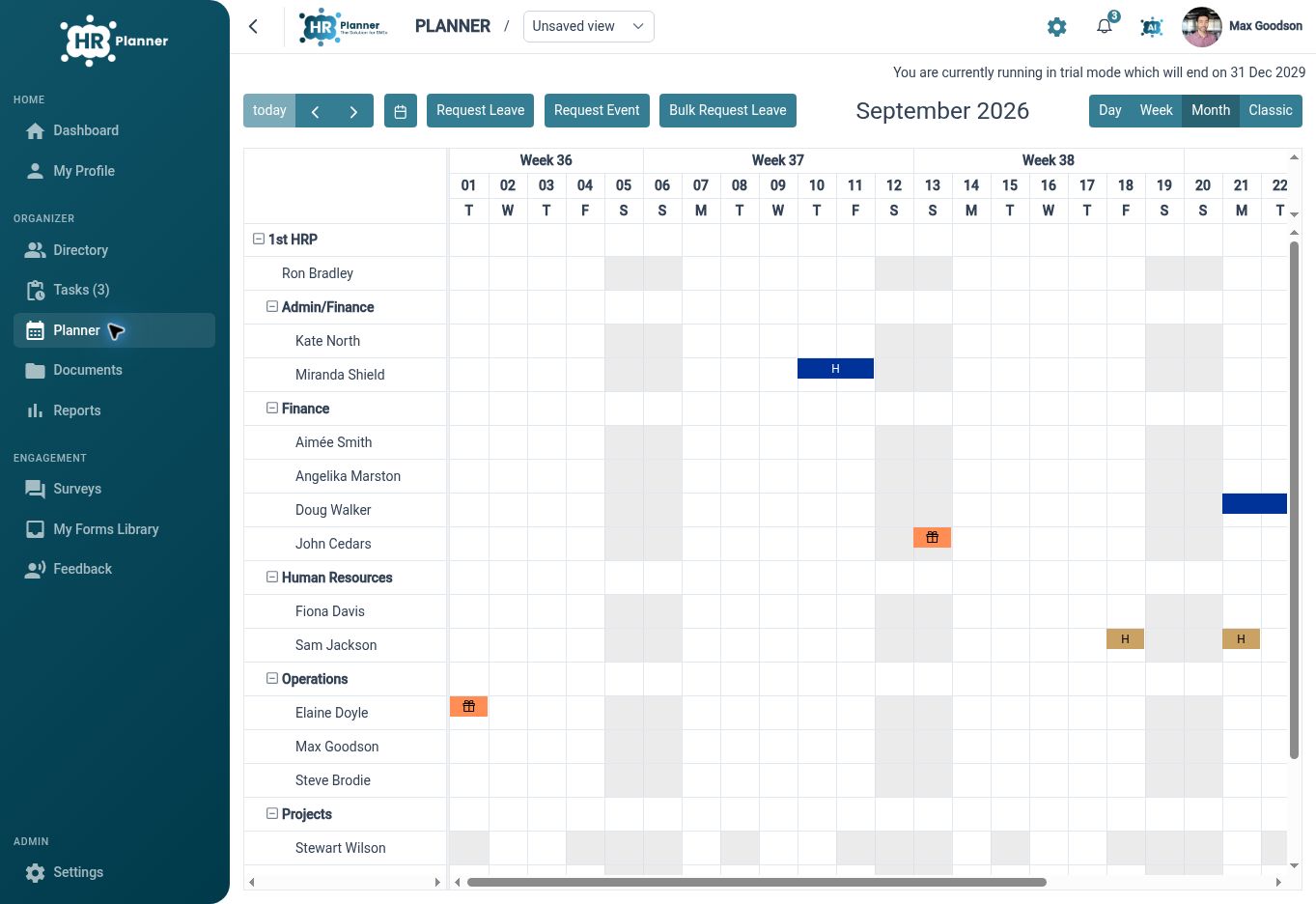 Month planner showing employee leave and team availability