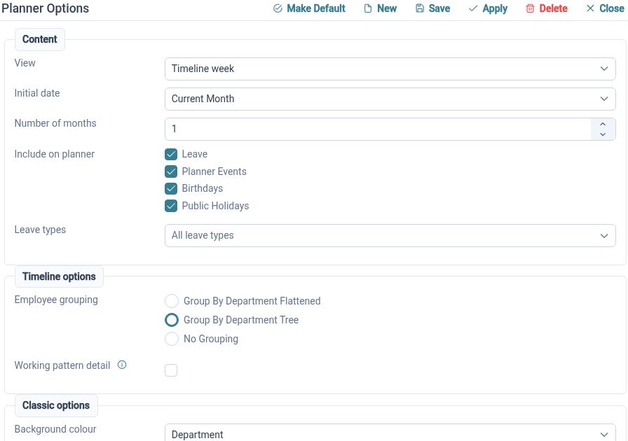 Planner view settings with leave types and employee grouping