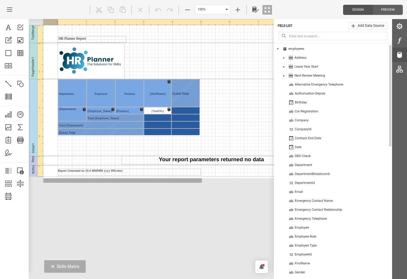 HR Planner Report Designer with report layout and employee data fields