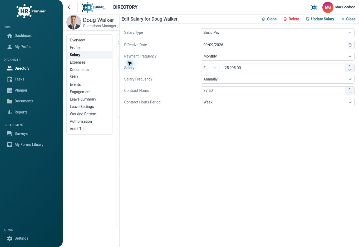 Salary details with payment frequency and contract hours