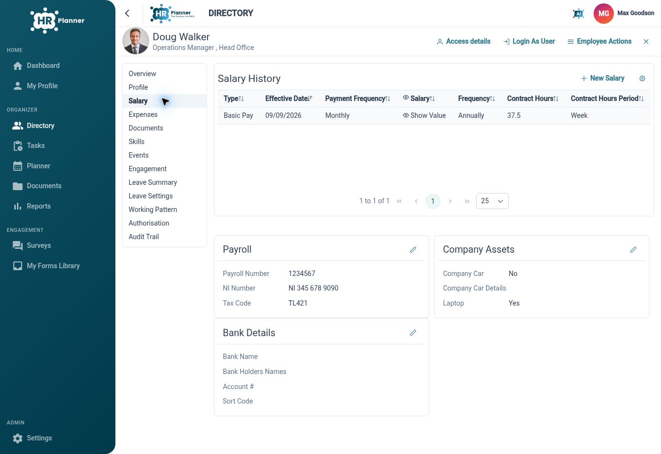 Employee salary history with effective dates and contract hours